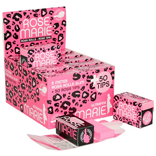 ROSE MARIE Zigarettenpapier Ultrafines Rolls | 20 Packungen á 5 Meter Rolls + 50 Rosa Tips | Ultra Feines Endlospapier